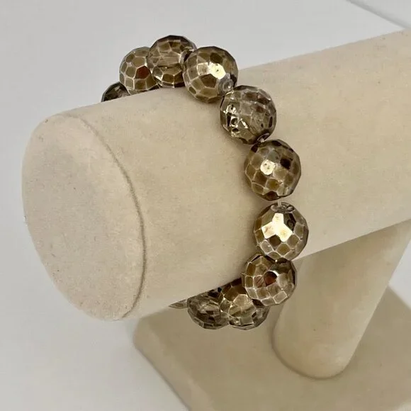 Faceted Czech Glass Fire Polished Gray Gold Crystal Chunky Bead Stretch Bracelet - Picture 13 of 16